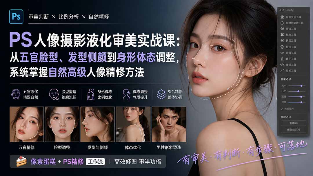 PS人像摄影液化审美实战课:从五官脸型、发型侧颜到身形体态调整,系统掌握自然高级人像精修方法-网创之家