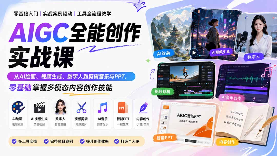 AIGC全能创作实战课:从AI绘画、视频生成、数字人到剪辑音乐与PPT,零基础掌握多模态内容创作技能-网创之家