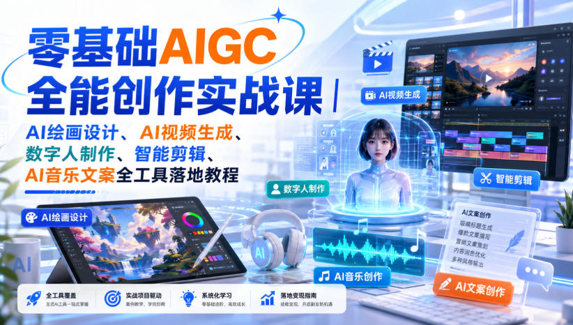 零基础AIGC全能创作实战课|AI绘画设计、AI视频生成、数字人制作、智能剪辑、AI音乐文案全工具落地教程-网创之家