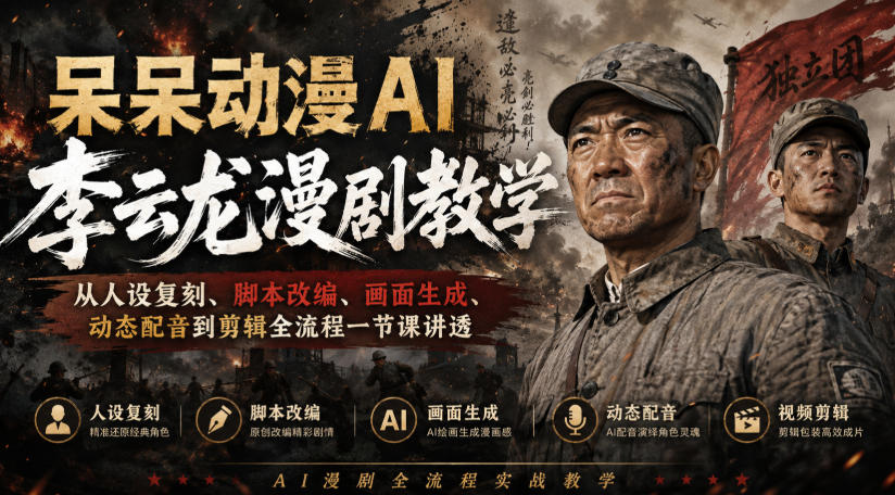 呆呆动漫AI李云龙漫剧教学,从人设复刻、脚本改编、画面生成、动态配音到剪辑全流程一节课讲透-网创之家