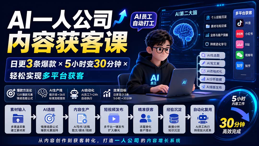 AI一人公司内容获客课-更新8月:日更3条爆款×5小时变30分钟×AI员工自动打工,轻松实现多平台获客-网创之家