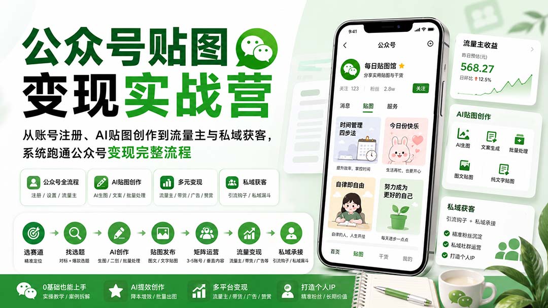 公众号贴图变现实战营：从账号注册、AI贴图创作到流量主与私域获客，系统跑通公众号变现完整流程-网创之家