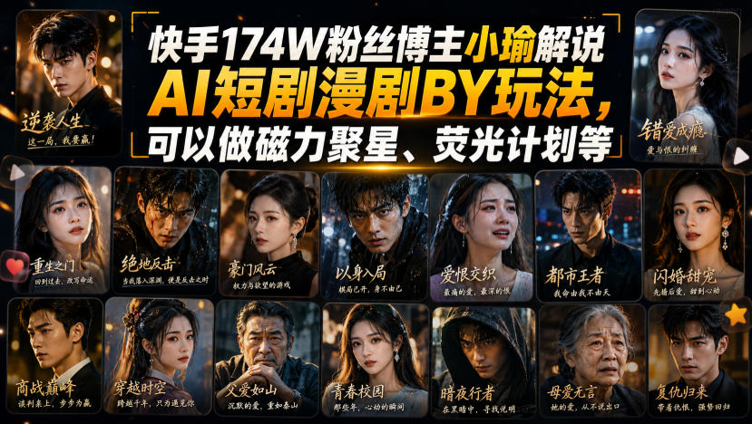 快手174W粉丝博主小瑜解说AI短剧漫剧搬运玩法,可以做磁力聚星、荧光计划等-网创之家