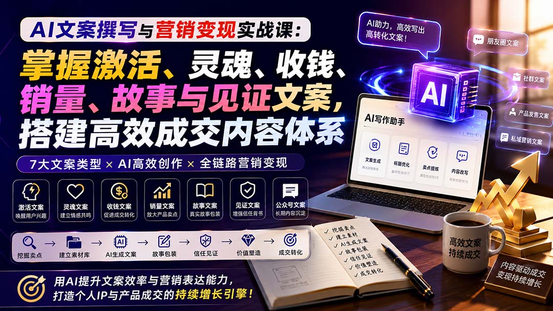 AI文案撰写与营销变现实战课:掌握激活、灵魂、收钱、销量、故事与见证文案,搭建高效成交内容体系-网创之家