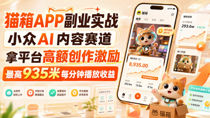 猫箱APP副业实战,小众AI内容赛道,拿平台高额创作激励,最高935米每分钟播放收益-网创之家