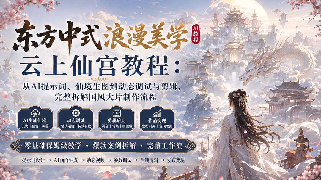 东方中式浪漫美学云上仙宫教程:从AI提示词、仙境生图到动态调试与剪辑,完整拆解国风大片制作流程-网创之家