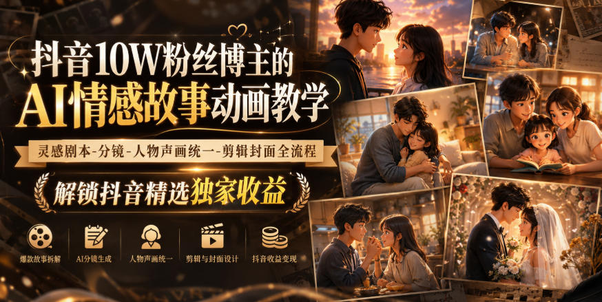抖音10W粉丝博主的AI情感故事动画教学,灵感剧本‑分镜‑人物声画统一‑剪辑封面全流程,解锁抖音精选独家收益-网创之家