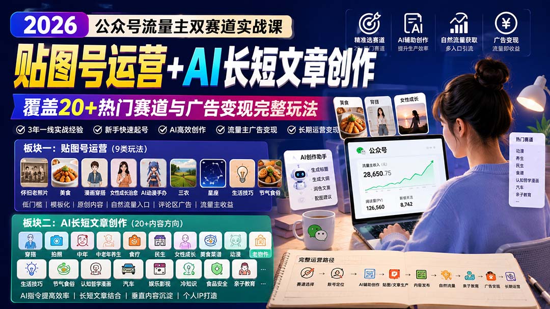 公众号流量主双赛道实战课:贴图号运营+AI长短文章创作,覆盖20+热门赛道与广告变现完整玩法-网创之家