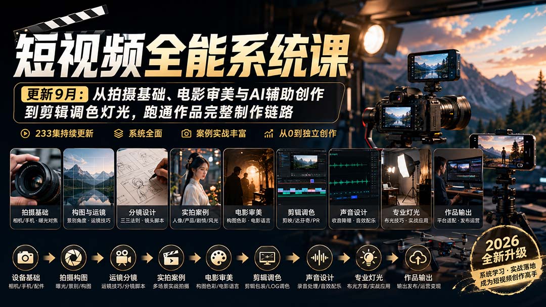 短视频全能系统课-更新8月233集:从拍摄基础、电影审美与AI辅助创作到剪辑调色灯光,跑通作品完整制作链路-网创之家