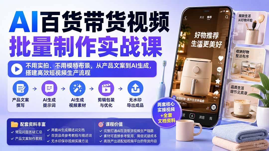 AI百货带货视频批量制作实战课:不用实拍、不用模特布景,从产品文案到AI生成,搭建高效短视频生产流程-网创之家