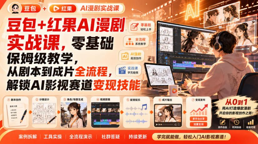 豆包+红果AI漫剧实战课,零基础保姆级教学,从剧本到成片全流程,解锁AI影视赛道变现技能-网创之家