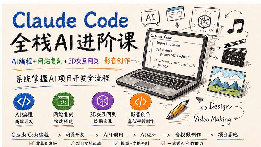 Claude Code全栈AI进阶课-更新;AI编程+网站复刻+3D交互网页+影音创作,系统掌握AI项目开发全流程-网创之家