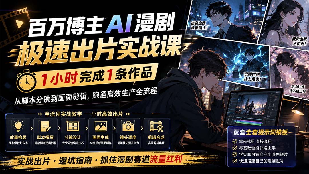 百万博主AI漫剧极速出片实战课:1小时产出条作品,从脚本分镜到画面剪辑,跑通高效生产全流程-网创之家