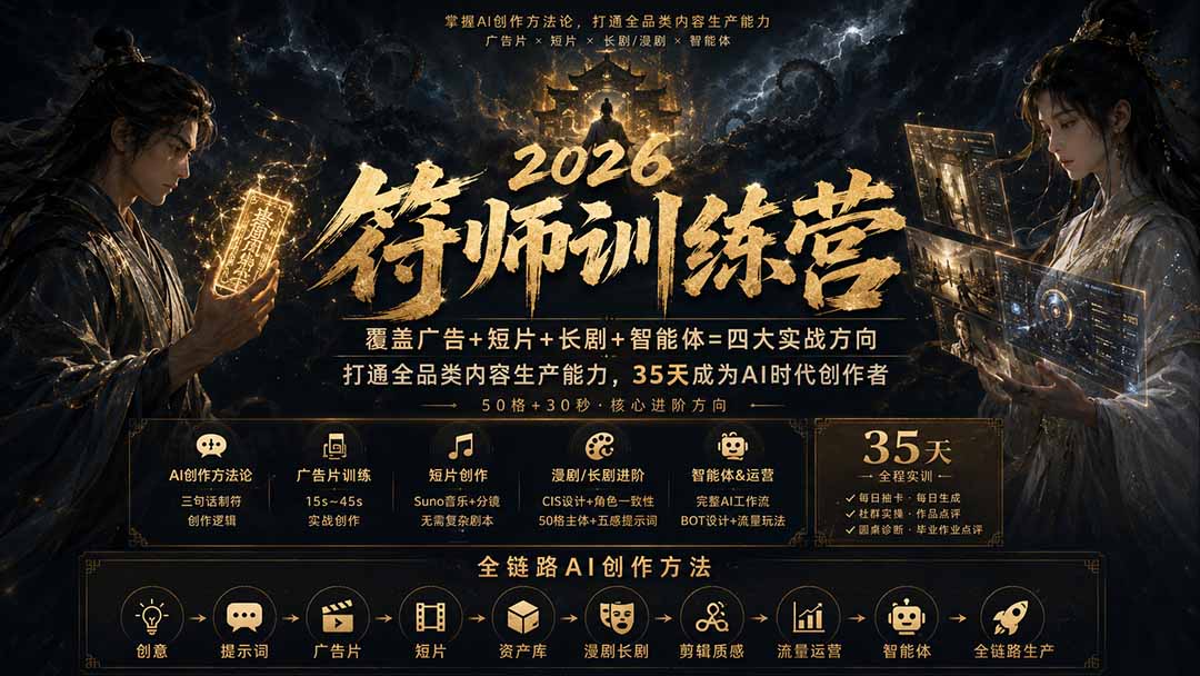 符师训练营-35天成为AI时代创作者,广告+短片+漫剧+智能体四大实战方向,掌握从创意到上线的完整工作流-网创之家