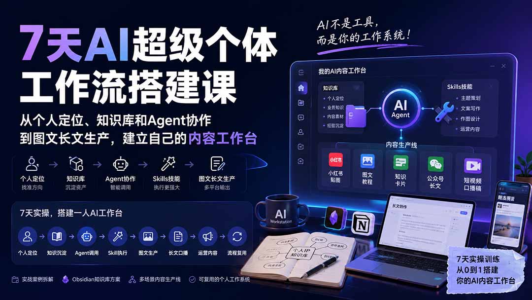 7天AI超级个体工作流搭建课:从个人定位、知识库和Agent协作到图文长文生产,建立自己的内容工作台-网创之家