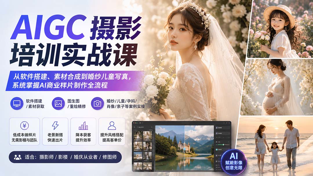 AIGC摄影培训实战课:从软件搭建、素材合成到婚纱儿童写真,系统掌握AI商业样片制作全流程-网创之家