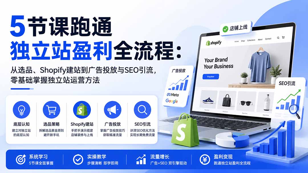 5节课跑通独立站盈利全流程：从选品、Shopify建站到广告投放与SEO引流，零基础掌握独立站运营方法-网创之家
