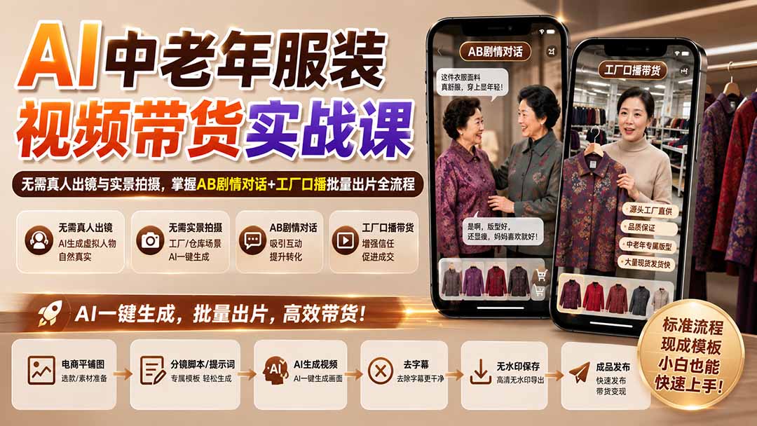 AI中老年服装视频带货实战课:无需真人出镜与实景拍摄,掌握AB剧情对话+工厂口播批量出片全流程-网创之家