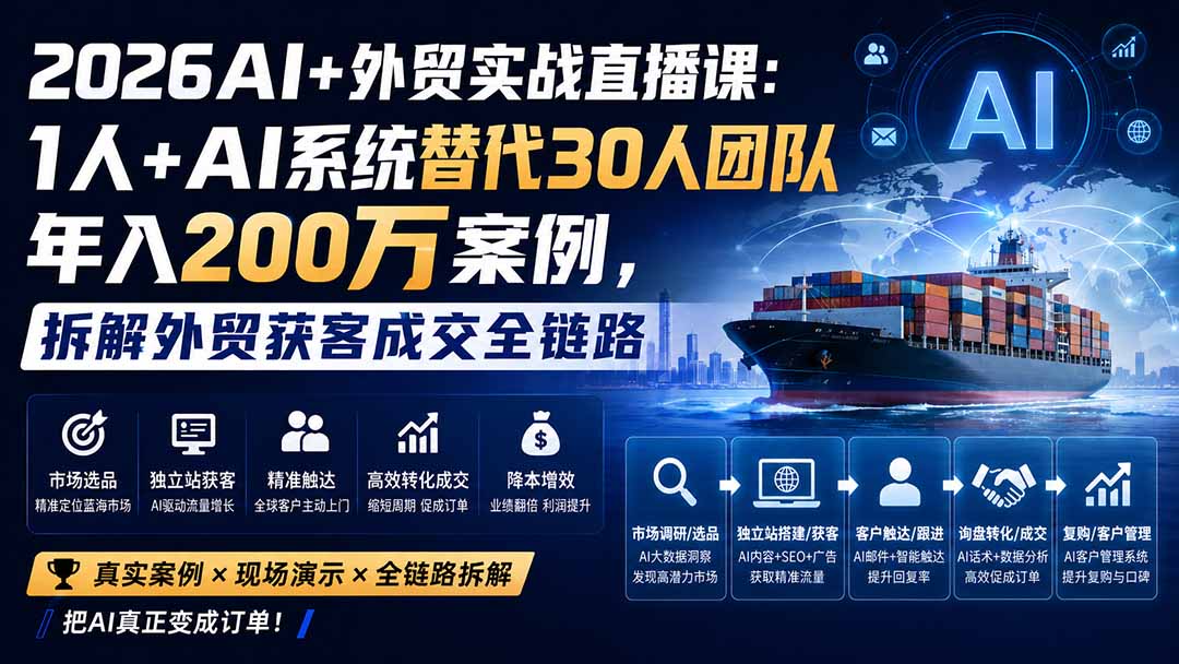 2026AI+外贸实战直播课:1人+AI系统替代30人团队年入200万案例,拆解外贸获客成交全链路-网创之家