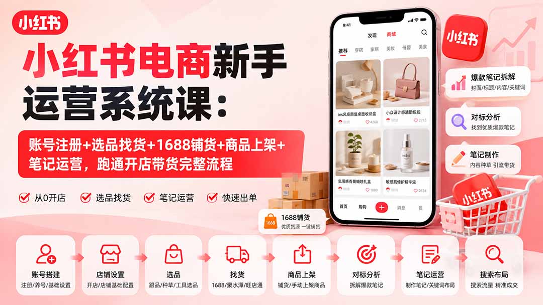 小红书电商新手运营系统课:账号注册+选品找货+1688铺货+商品上架+笔记运营,跑通开店带货完整流程-网创之家
