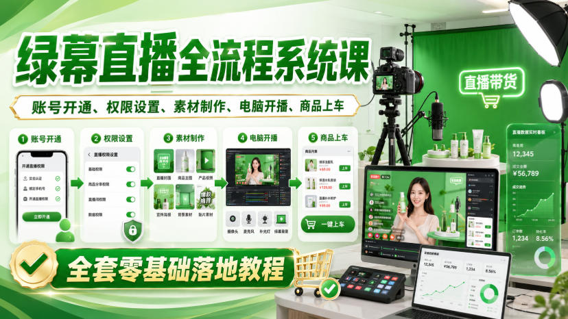 绿幕直播全流程系统课，账号开通、权限设置、素材制作、电脑开播、商品上车全套零基础落地教程-网创之家
