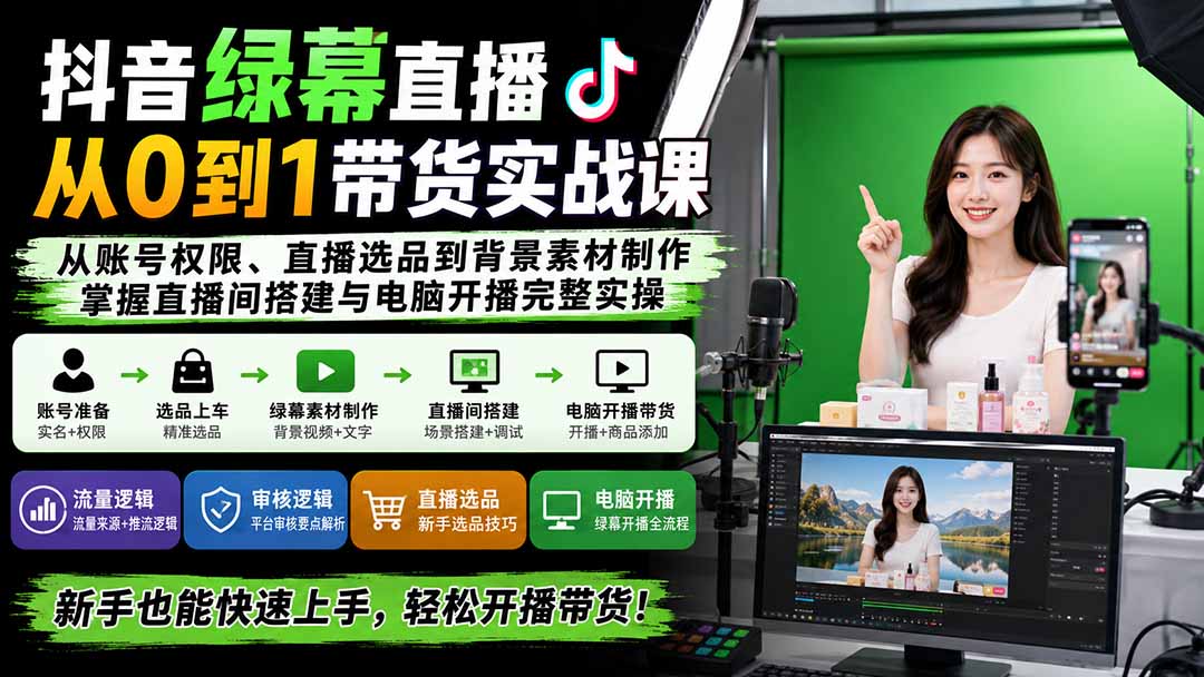 抖音绿幕直播从0到1带货实战课：从账号权限、直播选品到背景素材制作，掌握直播间搭建与电脑开播完整实操-网创之家