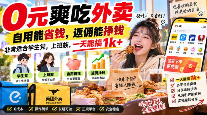 0元爽吃外卖,自用能省钱,返佣能挣钱,非常适合学生党,上班族,一天能搞1k+-网创之家