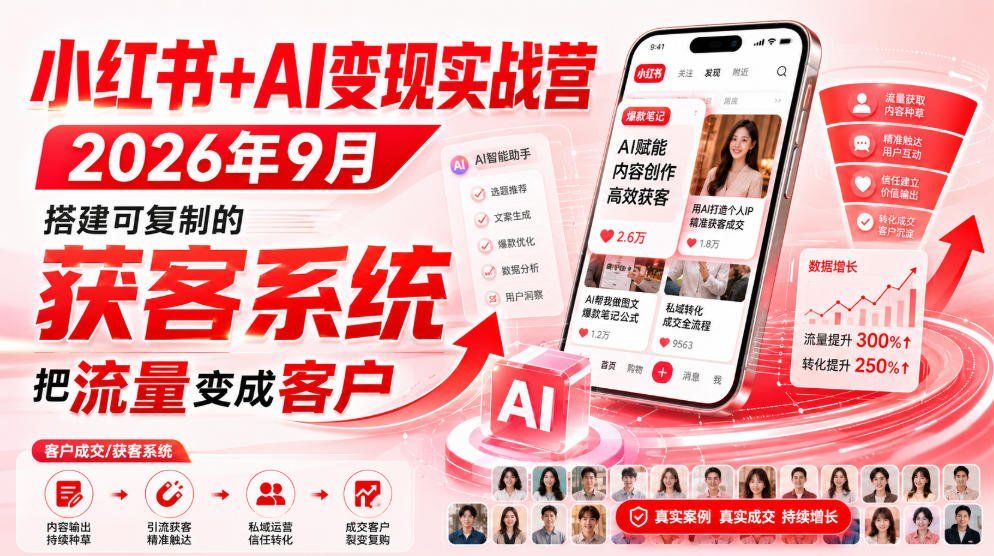 小红书+AI变现实战营2026年9月,搭建可复制的获客系统,把流量变成客户!-网创之家