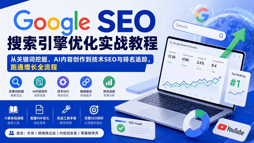 Google SEO搜索引擎优化实战教程:从关键词挖掘、AI内容创作到技术SEO与排名追踪,跑通增长全流程-网创之家