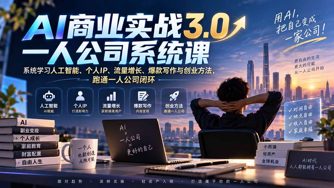 AI商业实战3.0一人公司系统课：系统学习人工智能、个人IP、流量增长、爆款写作与创业方法，跑通一人公司闭环-网创之家