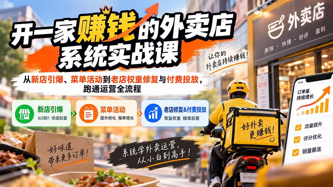 开一家赚钱的外卖店系统实战课:从新店引爆、菜单活动到老店权重修复与付费投放,跑通运营全流程-网创之家