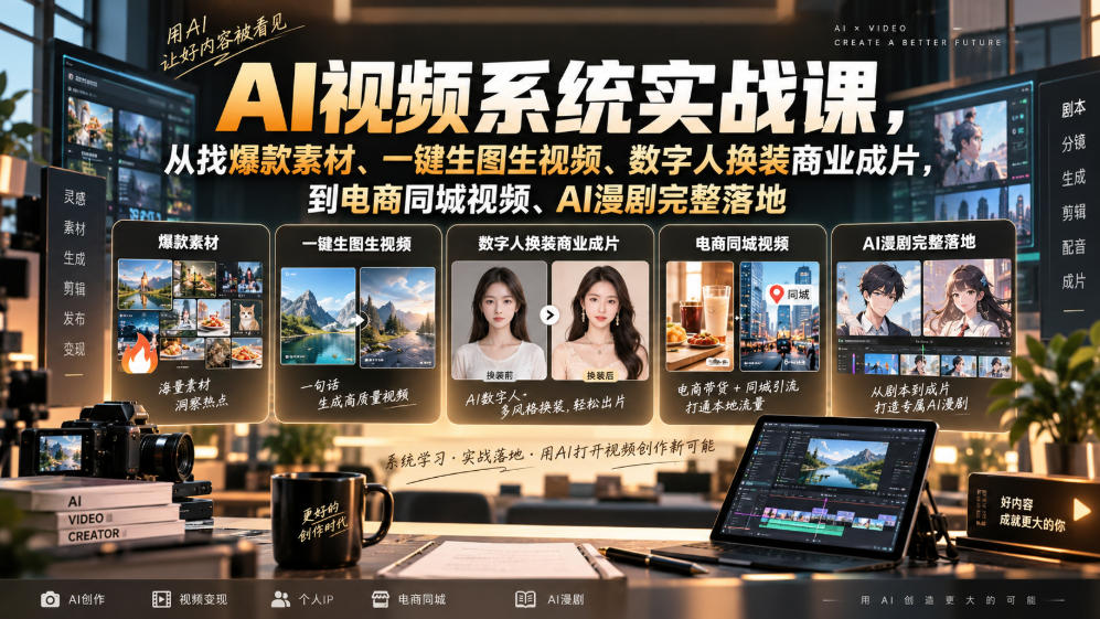 AI视频系统实战课,从找爆款素材、一键生图生视频、数字人换装商业成片,到电商同城视频、AI漫剧完整落地-网创之家