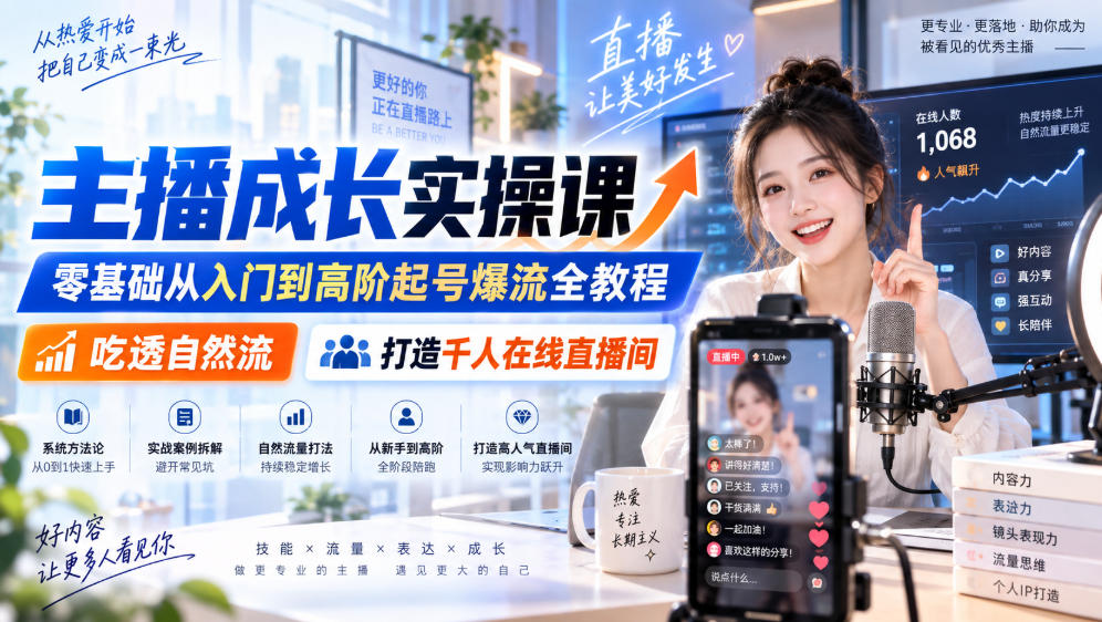 主播成长实操课｜零基础从入门到高阶起号爆流全教程，吃透自然流，打造千人在线直播间-网创之家