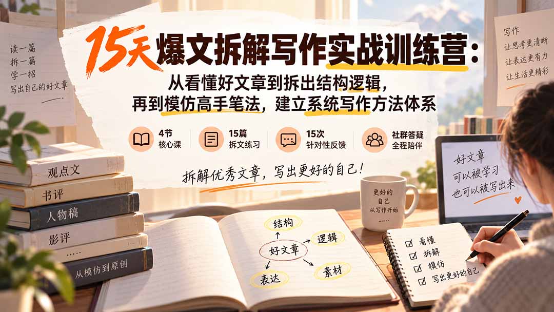 15天爆文拆解写作实战训练营：从看懂好文章到拆出结构逻辑，再到模仿高手笔法，建立系统写作方法体系-网创之家