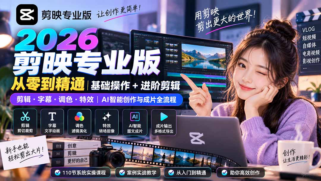 2026剪映专业版从零到精通|基础操作+进阶剪辑|剪辑·字幕·调色·特效|AI智能创作与成片全流程-网创之家