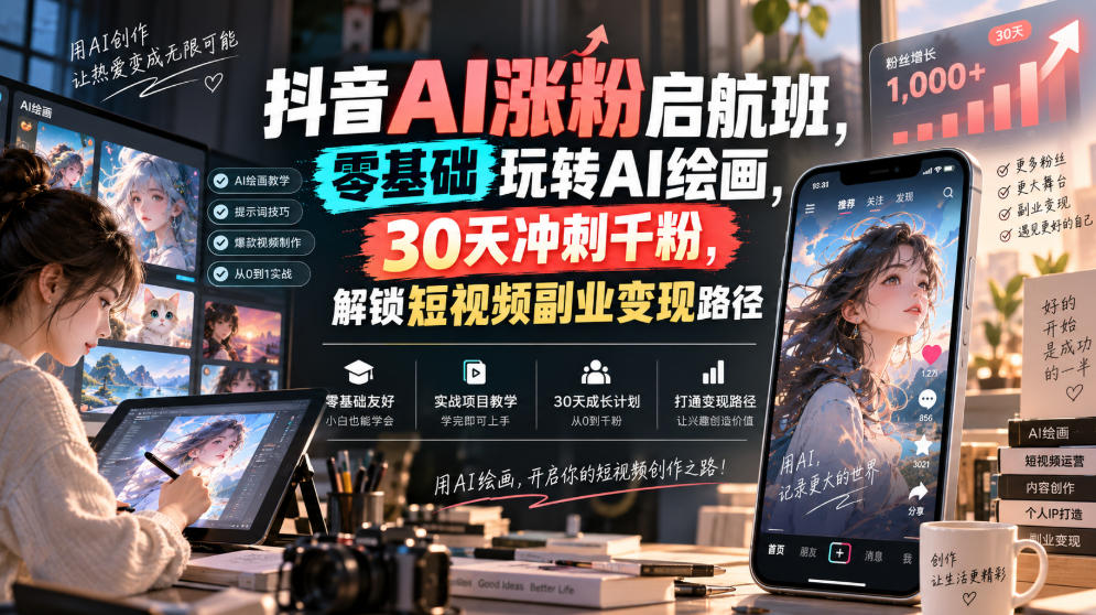 抖音AI涨粉启航班,零基础玩转AI绘画,30天冲刺千粉,解锁短视频副业变现路径-网创之家