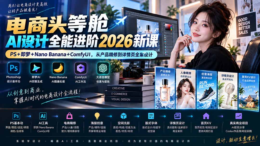 电商头等舱AI设计全能进阶2026新课:PS+即梦+Nano Banana+ComfyUI,从产品精修到详情页全案设计-网创之家