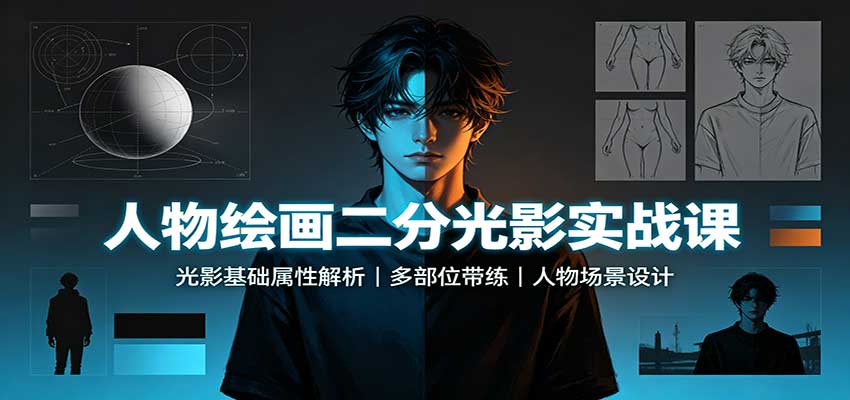 人物绘画二分光影实战课：光影基础属性解析，多部位带练，人物场景设计-网创之家