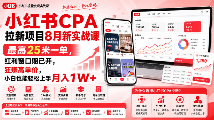 小红书CPA拉新项目8月新实战课，最高25米一单，红利窗口期已开，狂賺高单价，小白也能轻松上手月入1W+(更新0907)-网创之家