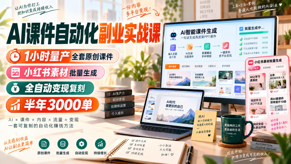 AI课件自动化副业实战课，1小时量产全套原创课件，小红书素材批量生成，全自动变现复刻，半年3000单-网创之家