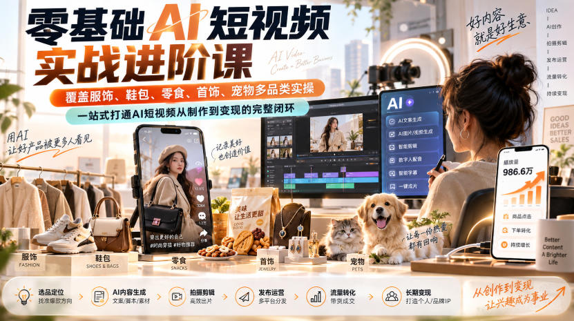 零基础AI短视频实战进阶课,覆盖服饰、鞋包、零食、首饰、宠物多品类实操,一站式打通AI短视频从制作到变现的完整闭环-网创之家