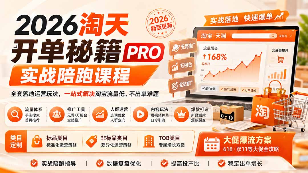 2026淘天开单秘籍PRO实战陪跑课程:全套落地运营玩法,一站式解决淘宝流量低、不出单难题(更新260906-网创之家