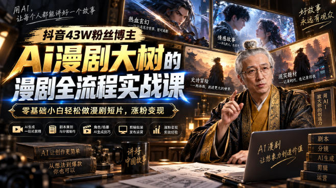 抖音43W粉丝博主Ai漫剧大树的漫剧制作全流程实战课,零基础小白轻松做漫剧短片,涨粉变现-网创之家