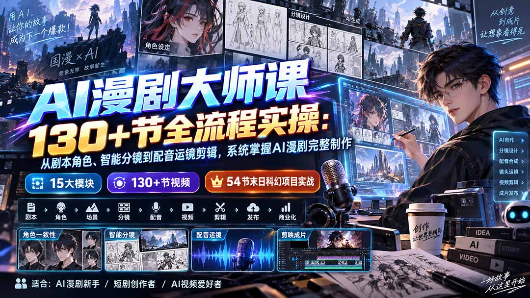 AI漫剧大师课130+节全流程实操：从剧本角色、智能分镜到配音运镜剪辑，系统掌握AI漫剧完整制作-网创之家