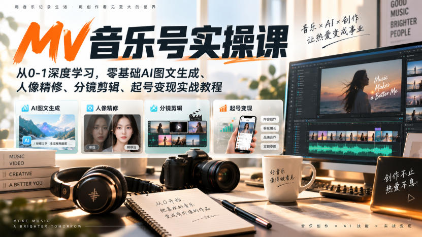 AI MV音乐号实操课，从0-1深度学习，零基础AI图文生成、人像精修、分镜剪辑、起号变现实战教程-网创之家