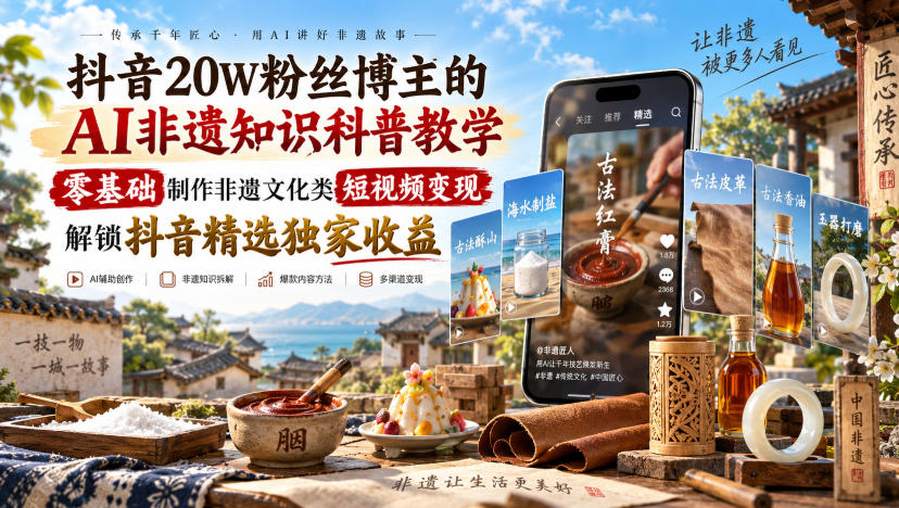抖音20W粉丝博主的AI非遗知识科普教学，零基础制作非遗文化类短视频变现，解锁抖音精选独家收益-网创之家