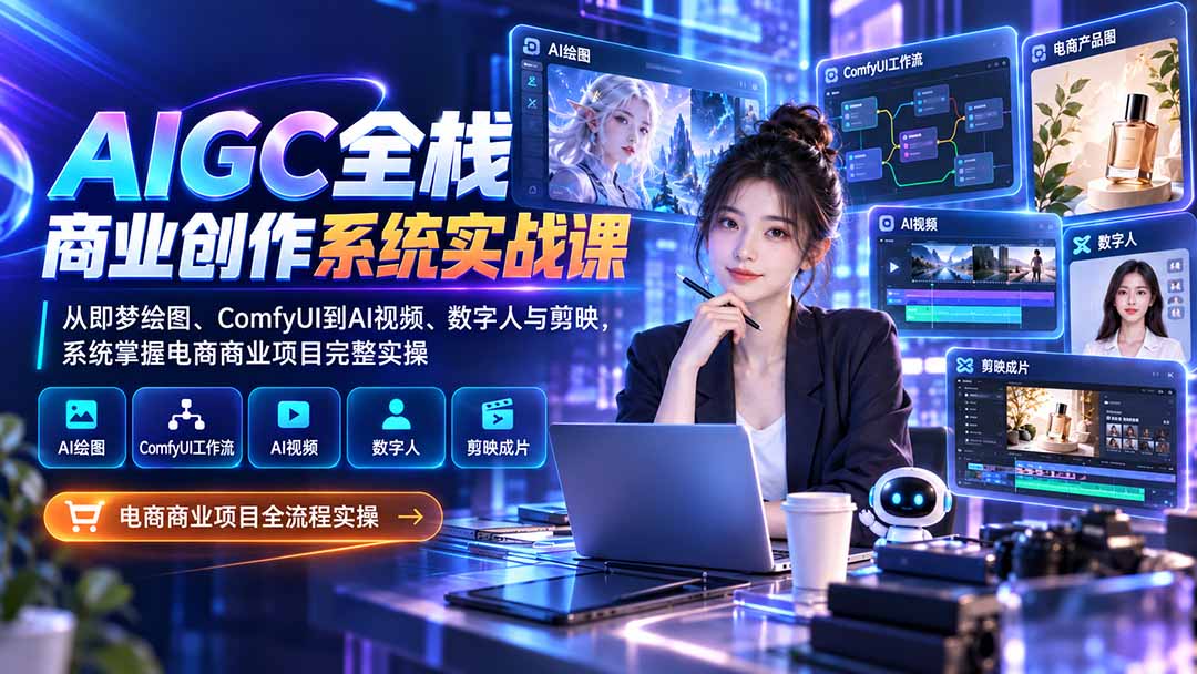 AIGC全栈商业创作系统实战课:从即梦绘图、ComfyUI到AI视频、数字人与剪映,系统掌握电商商业项目完整实操-网创之家