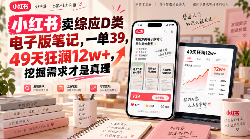 小红书卖综应D类电子版笔记，一单39，49天狂澜12w+，挖掘需求才是真理-网创之家