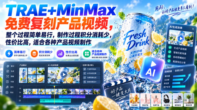 TRAE+MinMax免费复刻产品视频，整个过程简单易行，制作过程积分消耗少，性价比高，适合各种产品视频制作-网创之家