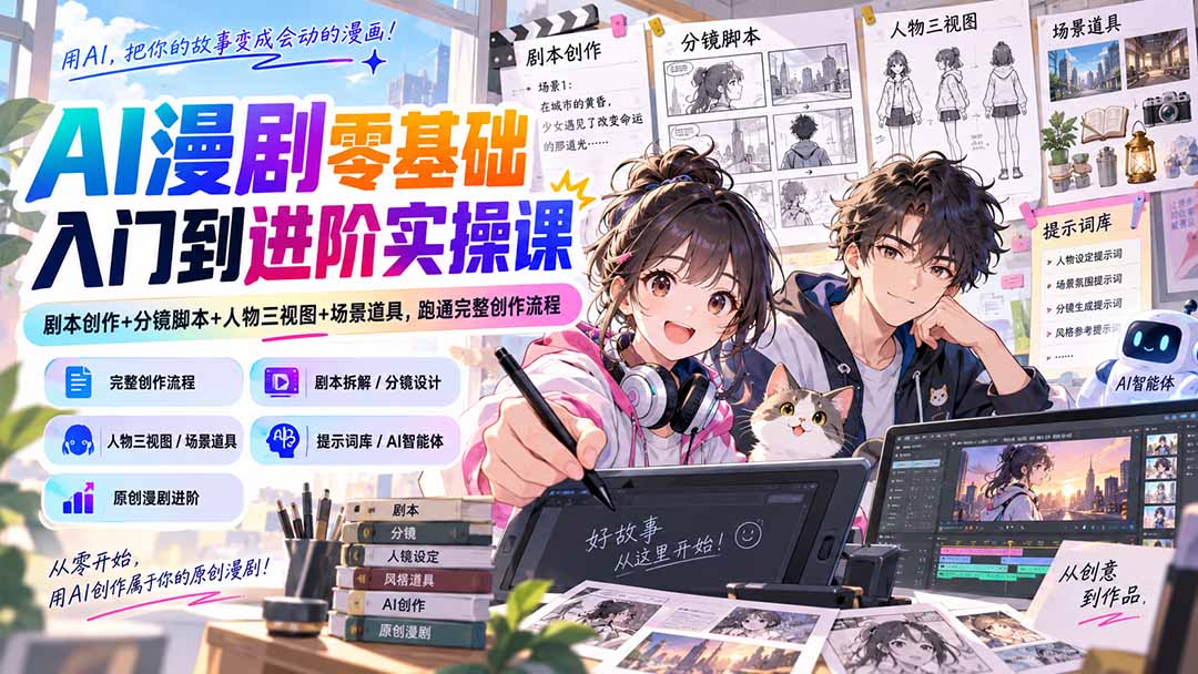AI漫剧零基础入门到进阶实操课:剧本创作+分镜脚本+人物三视图+场景道具,跑通完整创作流程-网创之家